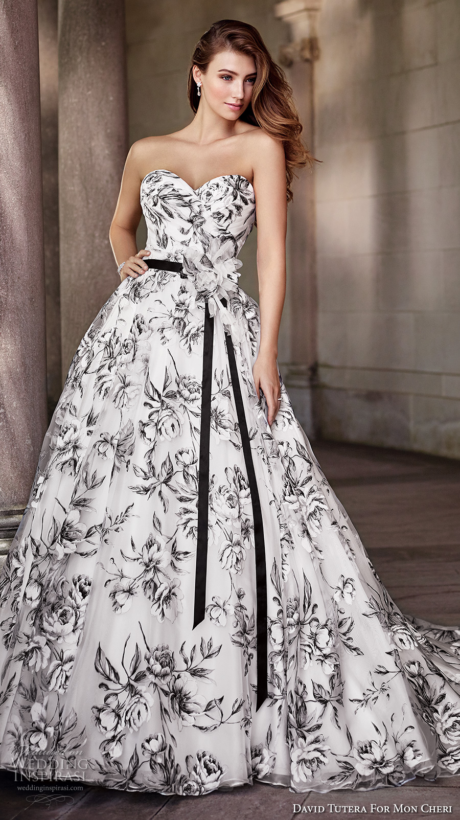 david tutera mc spring 2017 bridal strapless sweetheart neckline wrap over bodice black floral print romantic a  line wedding dress chapel train (117283) mv