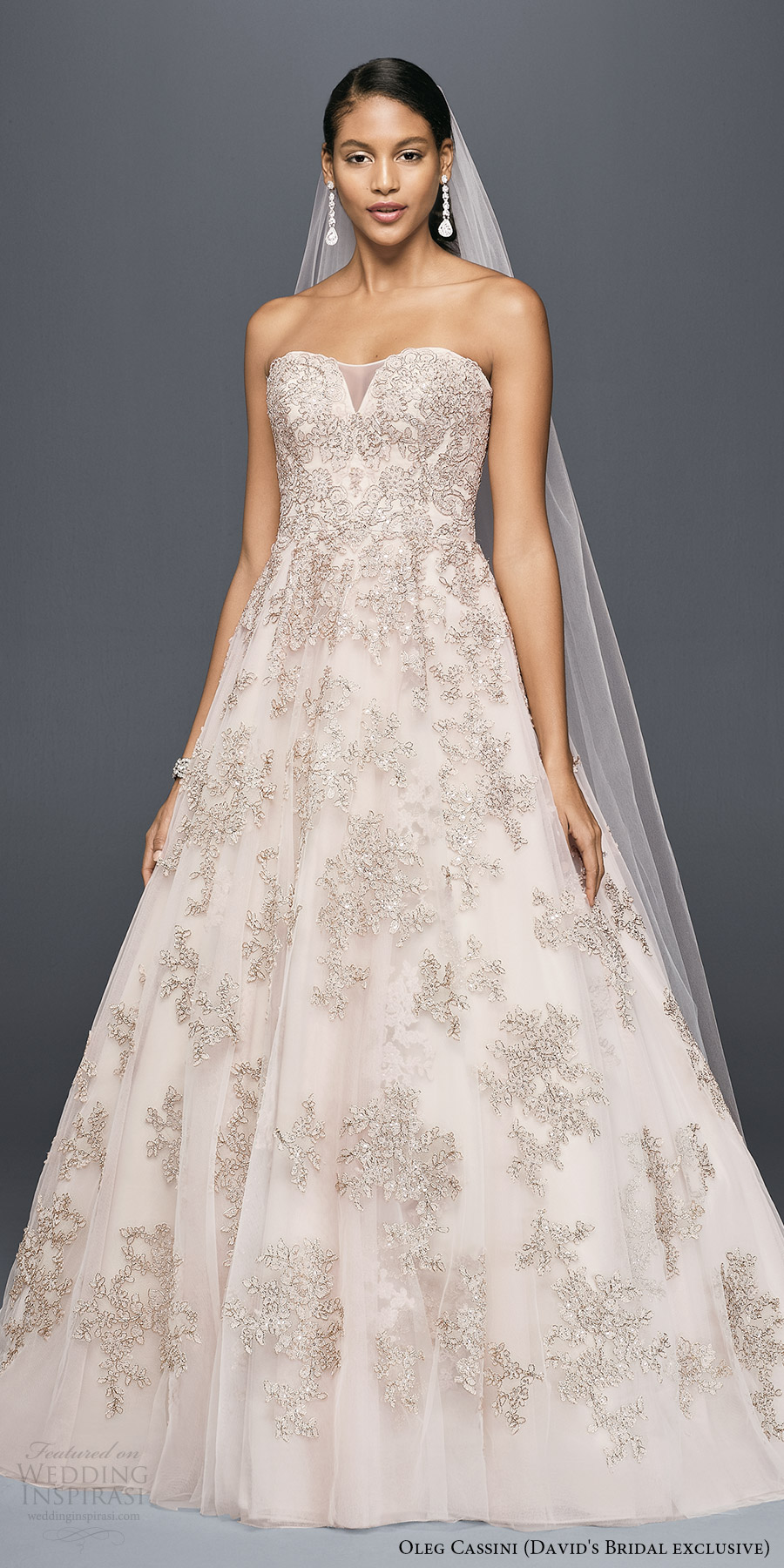 davids bridal (cwg767 oleg cassini) strapless sweetheart embellished lace a line wedding dress blush rose gold mv