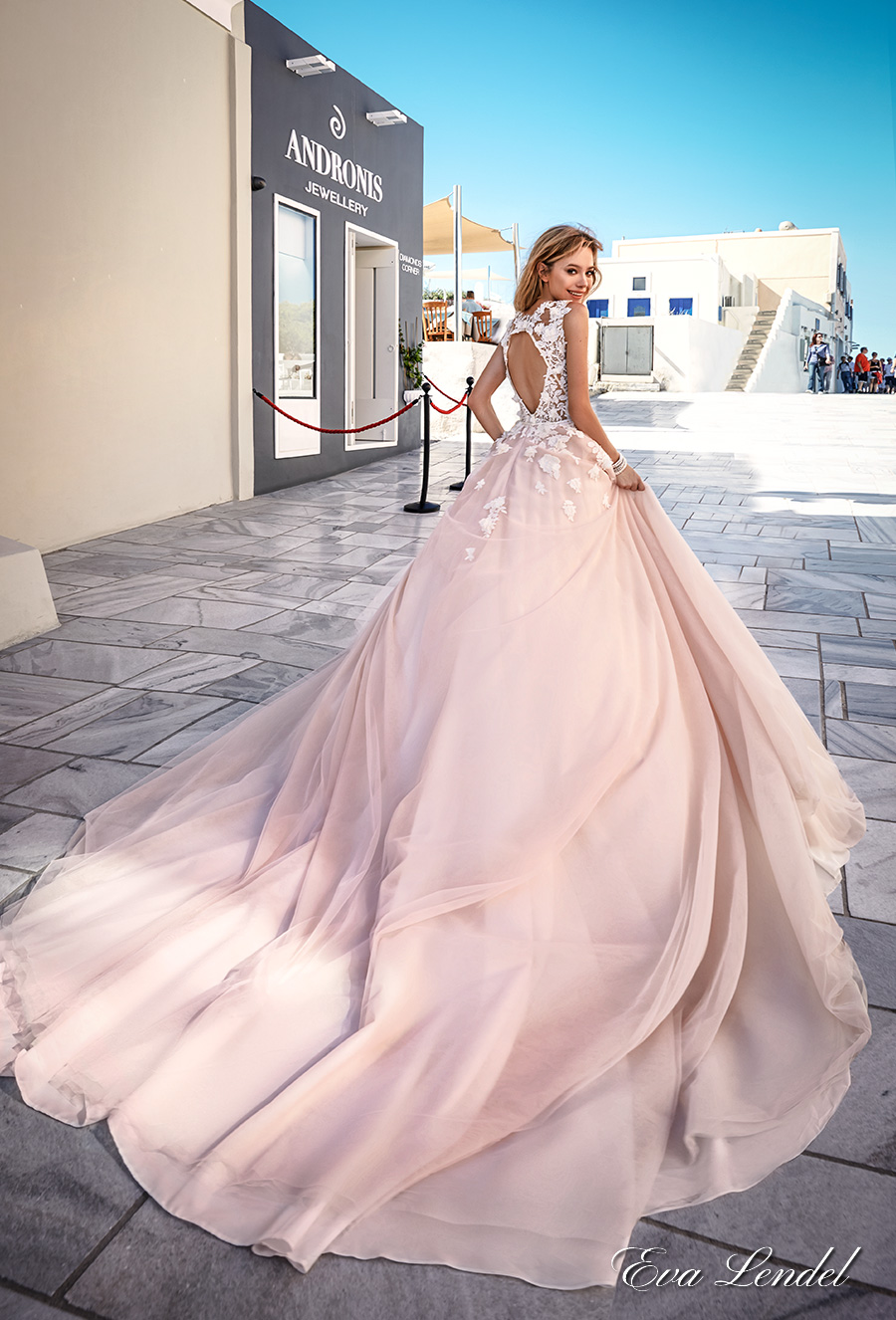 eva lendel 2017 bridal sleeves deep v neck heavily embellished bodice romantic pretty pink color a  line wedding dress keyhole back royal train (britany) bv