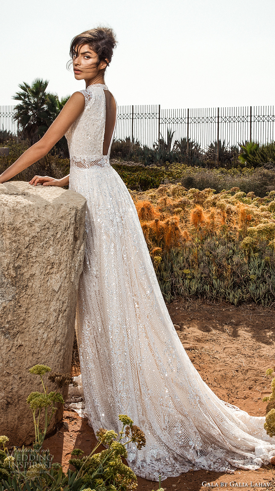 galia lahav gala 2017 bridal cap sleeves high jewel neck full embellishment beaded crystals romantic glamorous a  line wedding dress open low back chapel train (803) bv sdv