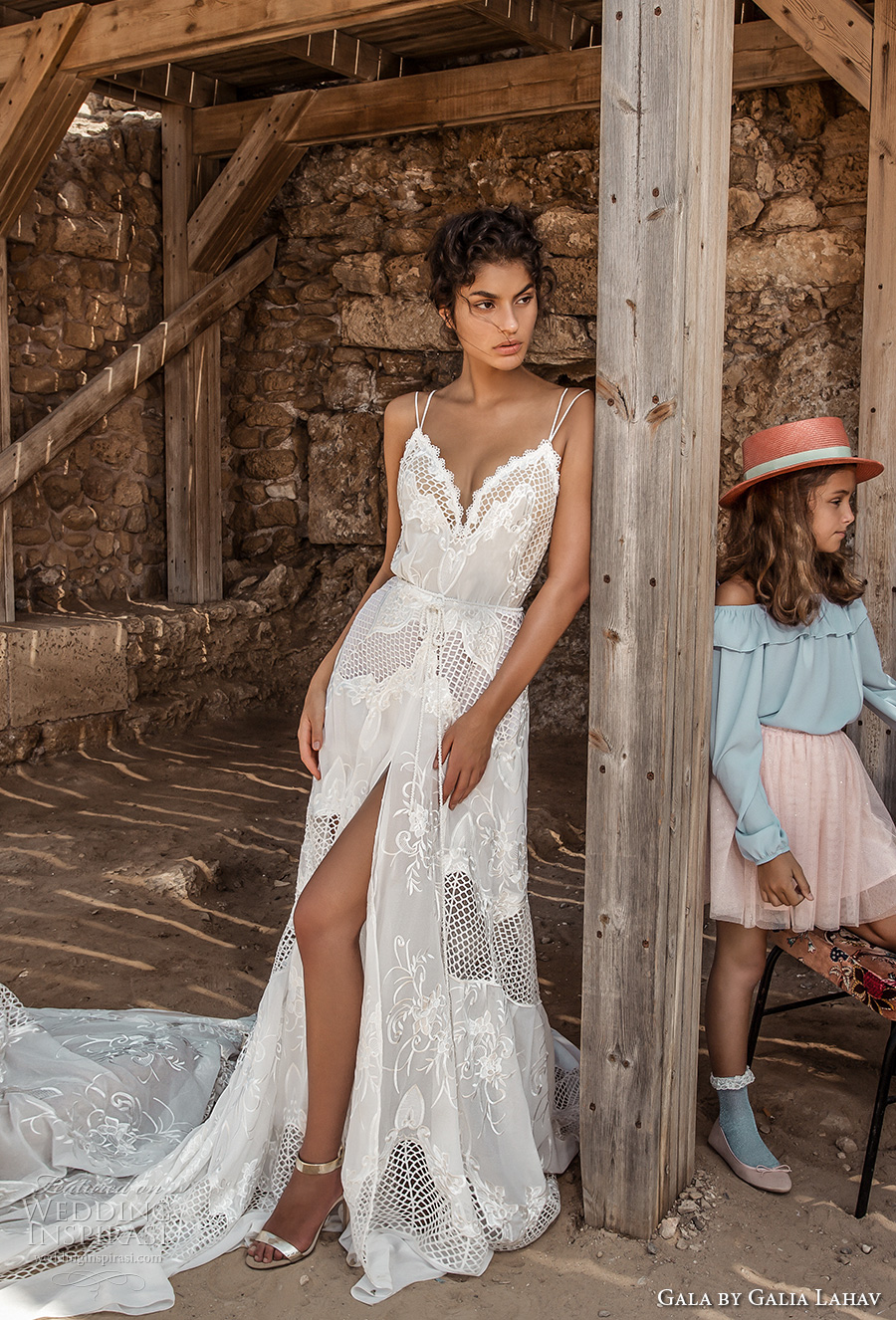 galia lahav gala 2017 bridal double thin strap deep sweetheart neckline full embroidered lace high slit skirt romantic modified a  line wedding dress chapel train low back (808) mv