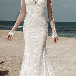 galia lahav gala 2017 bridal long sleeves illusion high jewel sweetheart neckline heavily embellished bodic elegant lace fit and flare wedding dress open low back sweep train (801) mv