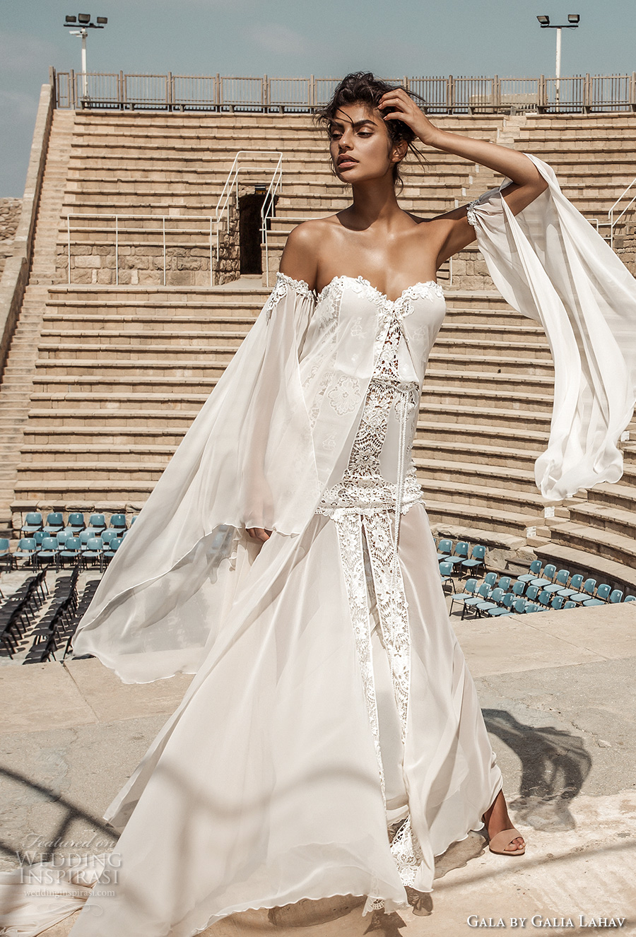 galia lahav gala 2017 bridal off the shoulder long angel sleeves strapless sweetheart neckline light embellished vintage drop waist a  line wedding dress chapel train (806) mv