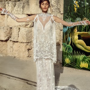 galia lahav gala 2017 bridal sheer long sleeves illusion high neck topper deep v neck full embellishment elegant vintage lace column wedding dress full lace back chapel train (807) mv