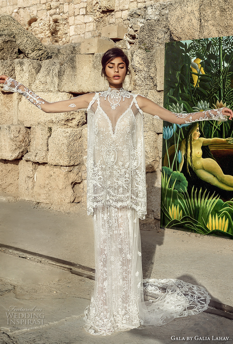 galia lahav gala 2017 bridal sheer long sleeves illusion high neck topper deep v neck full embellishment elegant vintage lace column wedding dress full lace back chapel train (807) mv