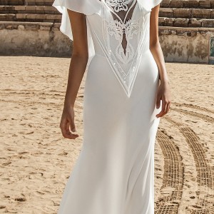 galia lahav gala 2017 bridal short flutter sleeves boat neckline heavily embellished bodice elegant sheath wedding dress keyhole back chapel train (810) mv
