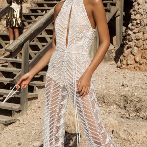galia lahav gala 2017 bridal sleeveless high neck halter neck middle slit full embroidered lace jumper suit wedding dress rasor back (811) mv