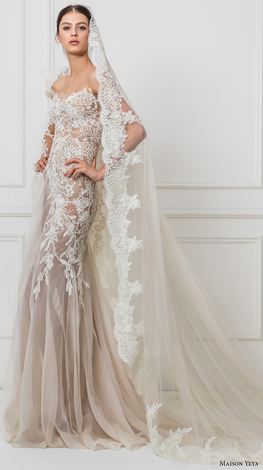 maison yeya 2017 bridal one side long sleeves heavily embroidered bodice elegant glamorous lace sheath wedding dress illusion lace back sweep train (3) mv 