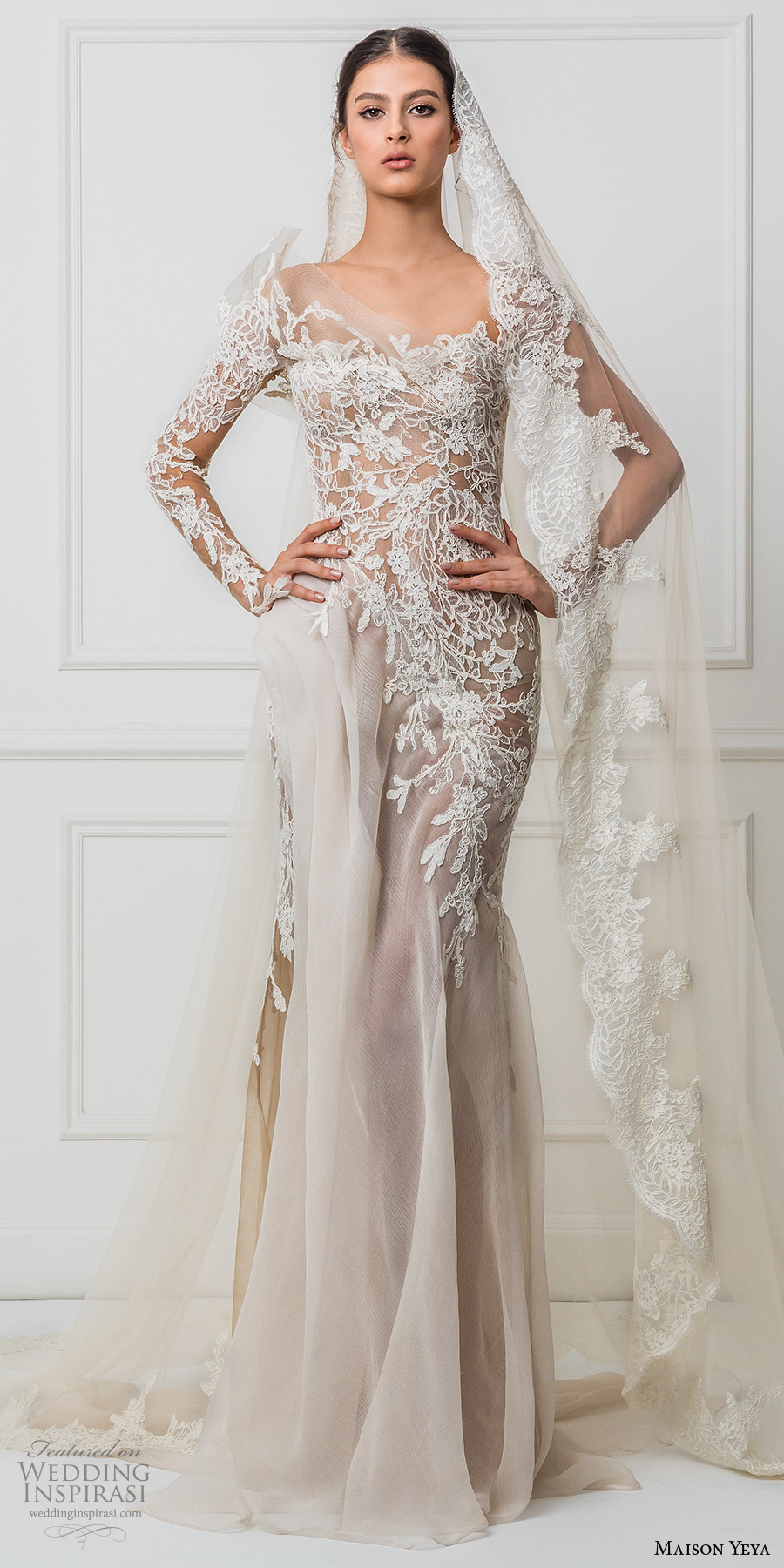 maison yeya 2017 bridal one side long sleeves heavily embroidered bodice elegant glamorous lace sheath wedding dress illusion lace back sweep train (3) mv