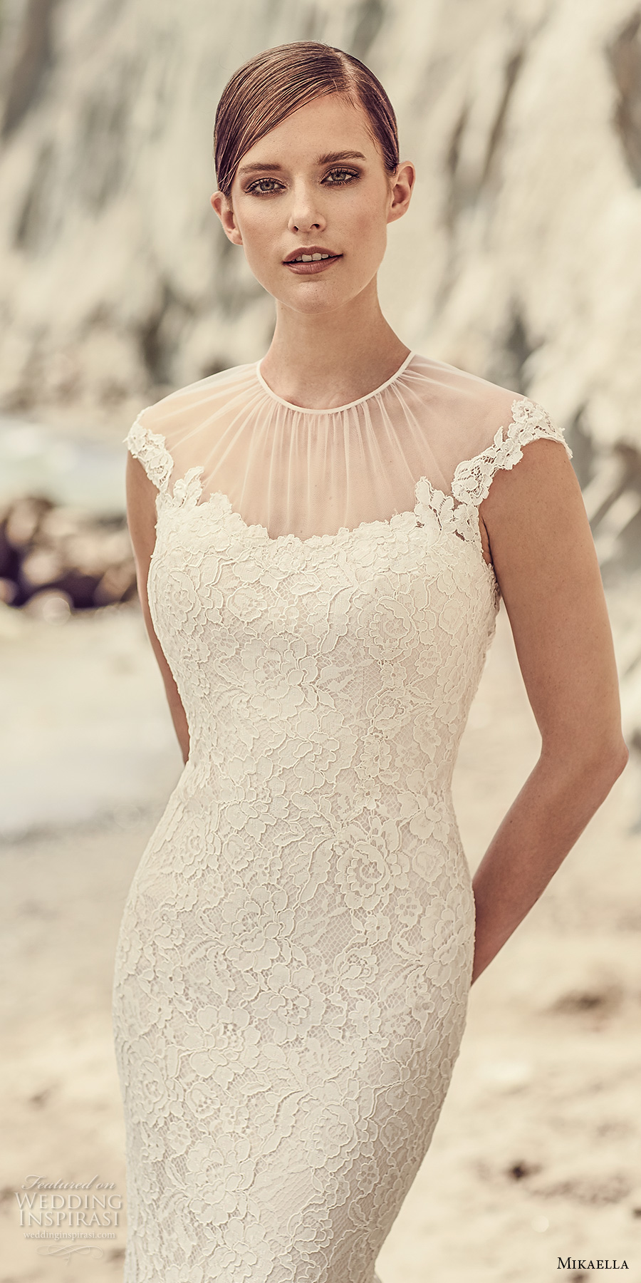 mikaella spring 2017 bridal cap sleeves sheer jewel neck scoop neck full embellishment elegant fit and flare wedding dress sheer back chapel train (2104) zv