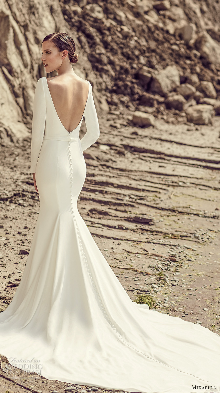 mikaella spring 2017 bridal long sleeves bateau neckline simple clean design elegant fit and flare wedding dress open low back long train (2105) bv