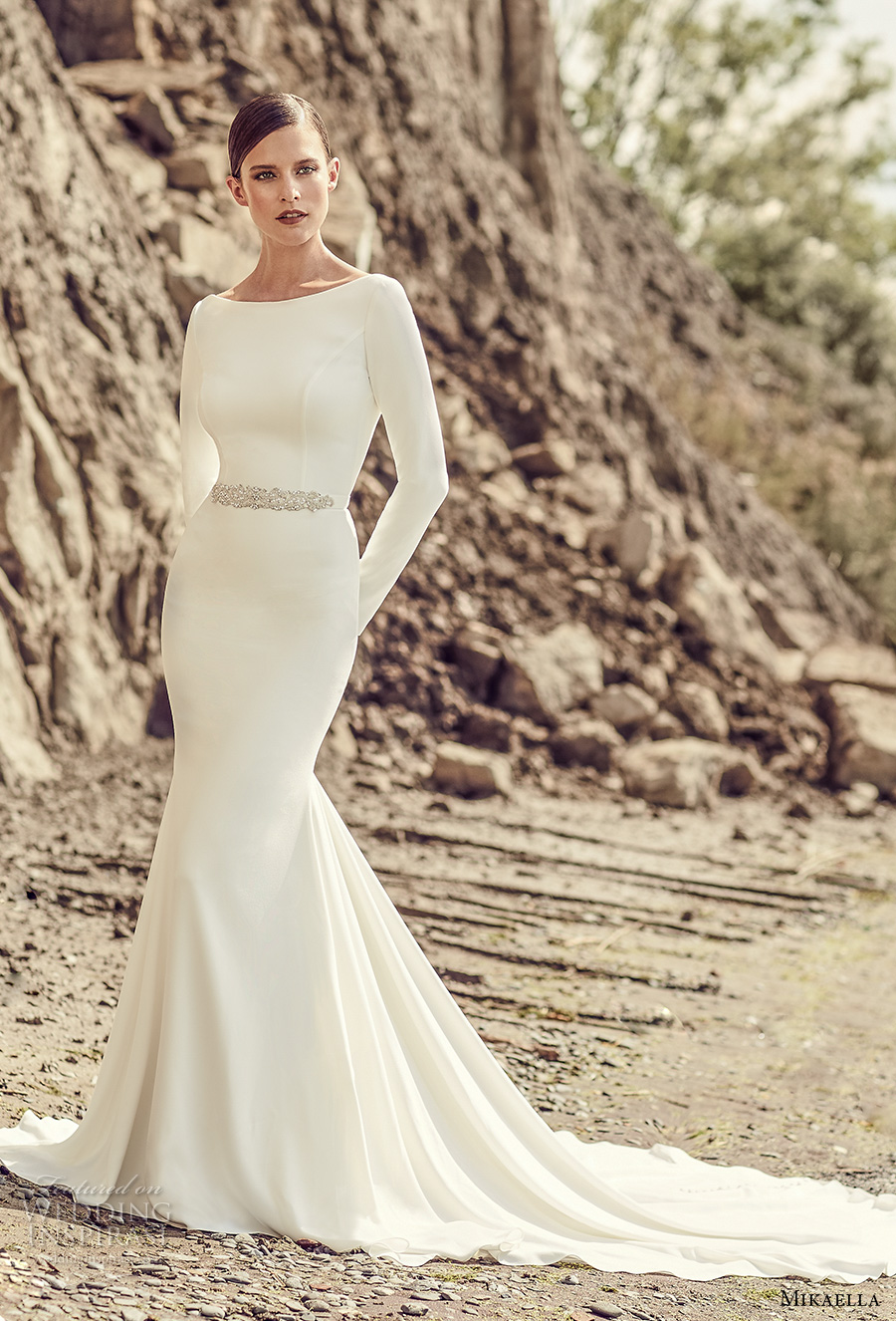mikaella spring 2017 bridal long sleeves bateau neckline simple clean design elegant fit and flare wedding dress open low back long train (2105) mv