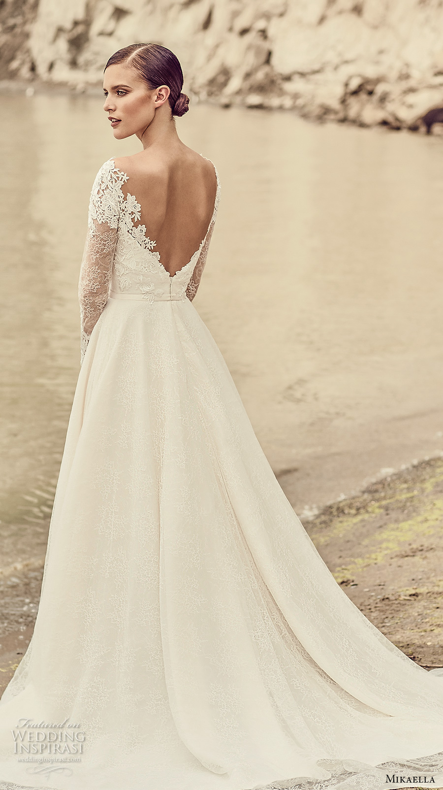 mikaella spring 2017 bridal long sleeves sweetheart neckline heavily embellihsed bodice romantic elegant a  line wedding dress open low back chapel train (2118) bv