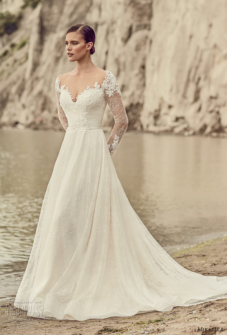 mikaella spring 2017 bridal long sleeves sweetheart neckline heavily embellihsed bodice romantic elegant a  line wedding dress open low back chapel train (2118) mv