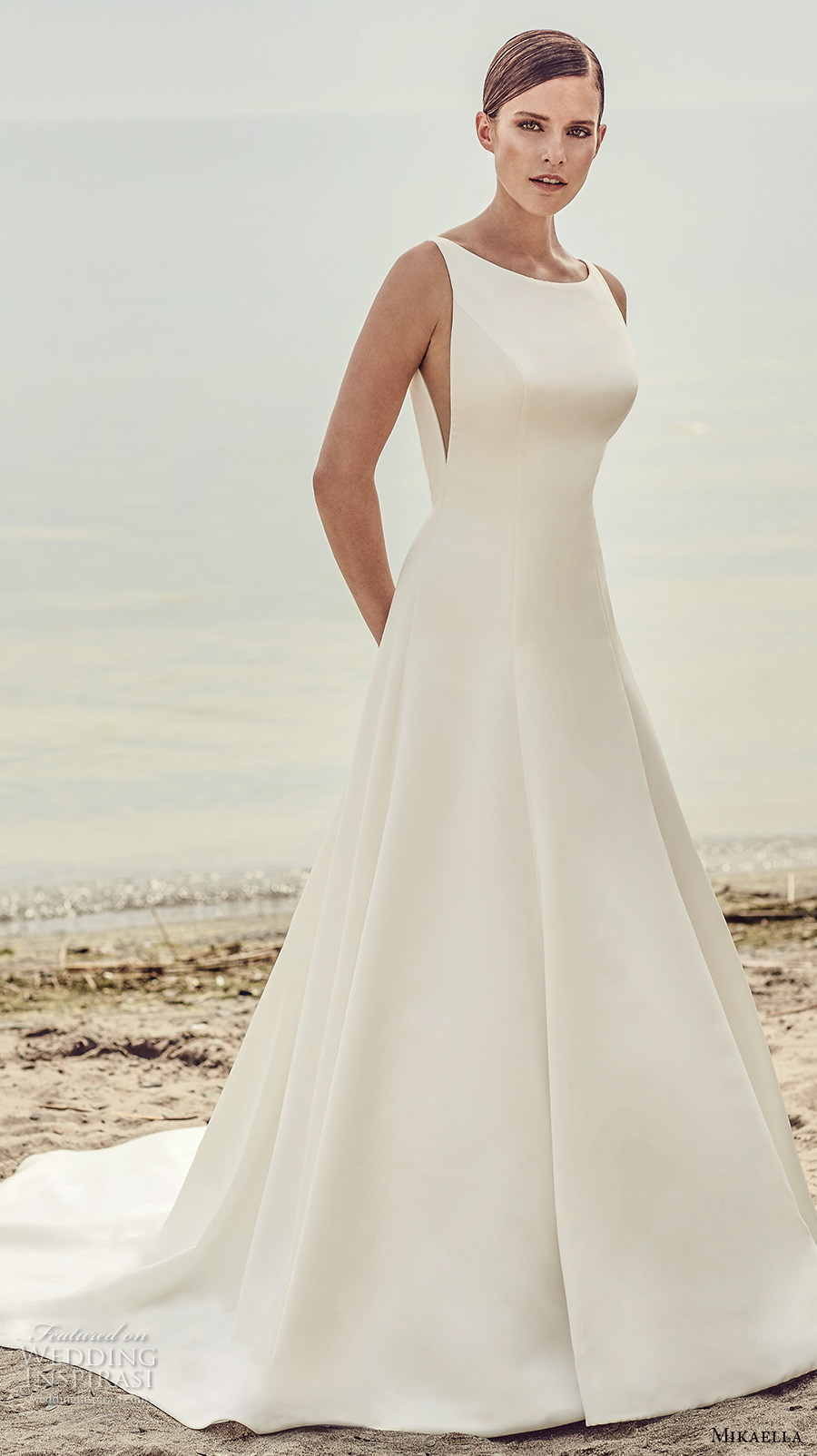 mikaella spring 2017 bridal sleeveless bateau neck simple clean design open side bodice a  line wedding dress open low back chapel train (2115) mv