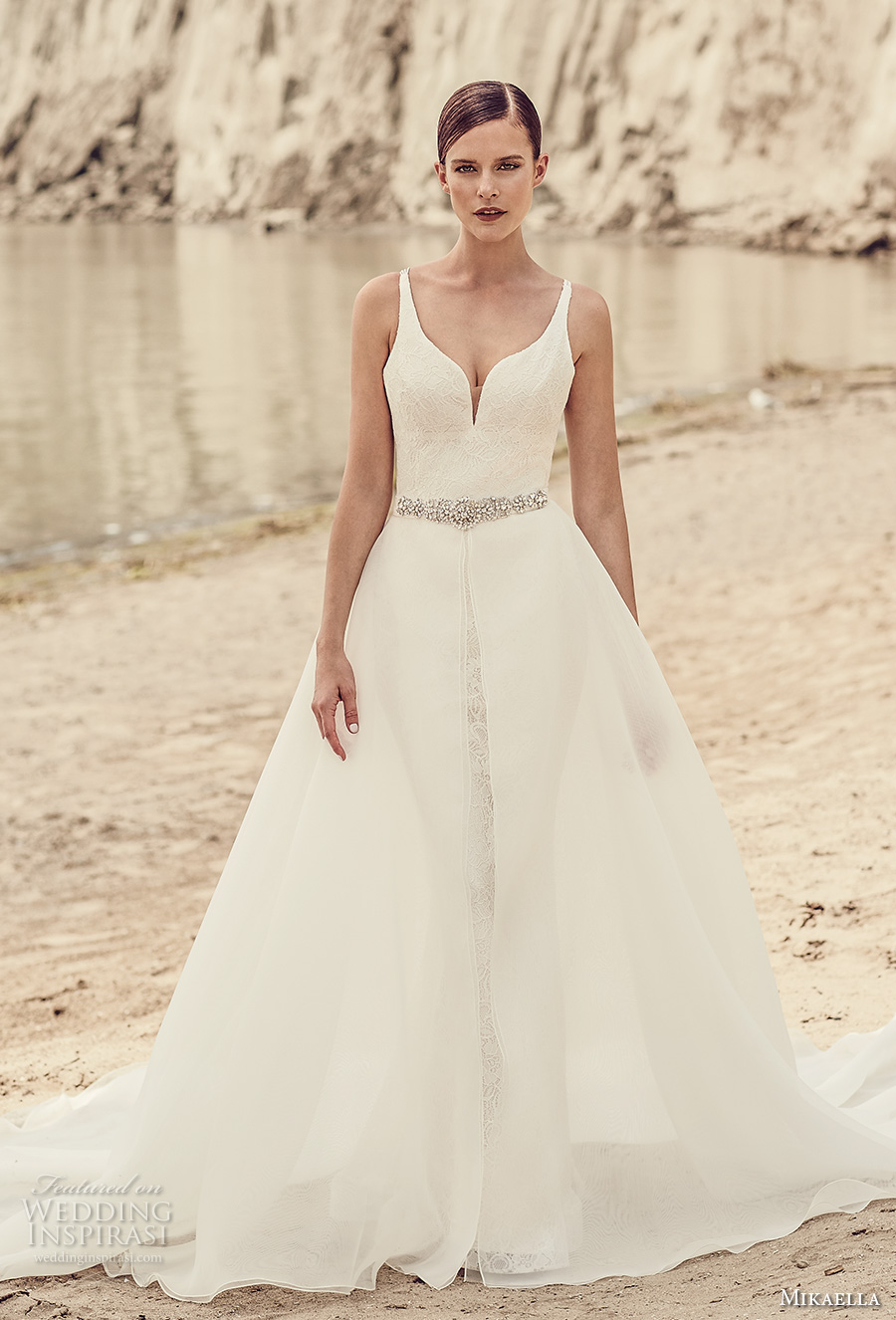 mikaella spring 2017 bridal sleeveless deep plunging sweetheart neckline full embroidered elegant fit and flare wedding dress a  line overskirt cross straps back sweep train (2120) mv 