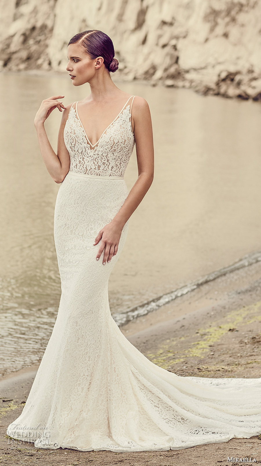 mikaella spring 2017 bridal sleeveless v neck full embroidered elegant fit and flare wedding dress open low back chapel train (2100) mv