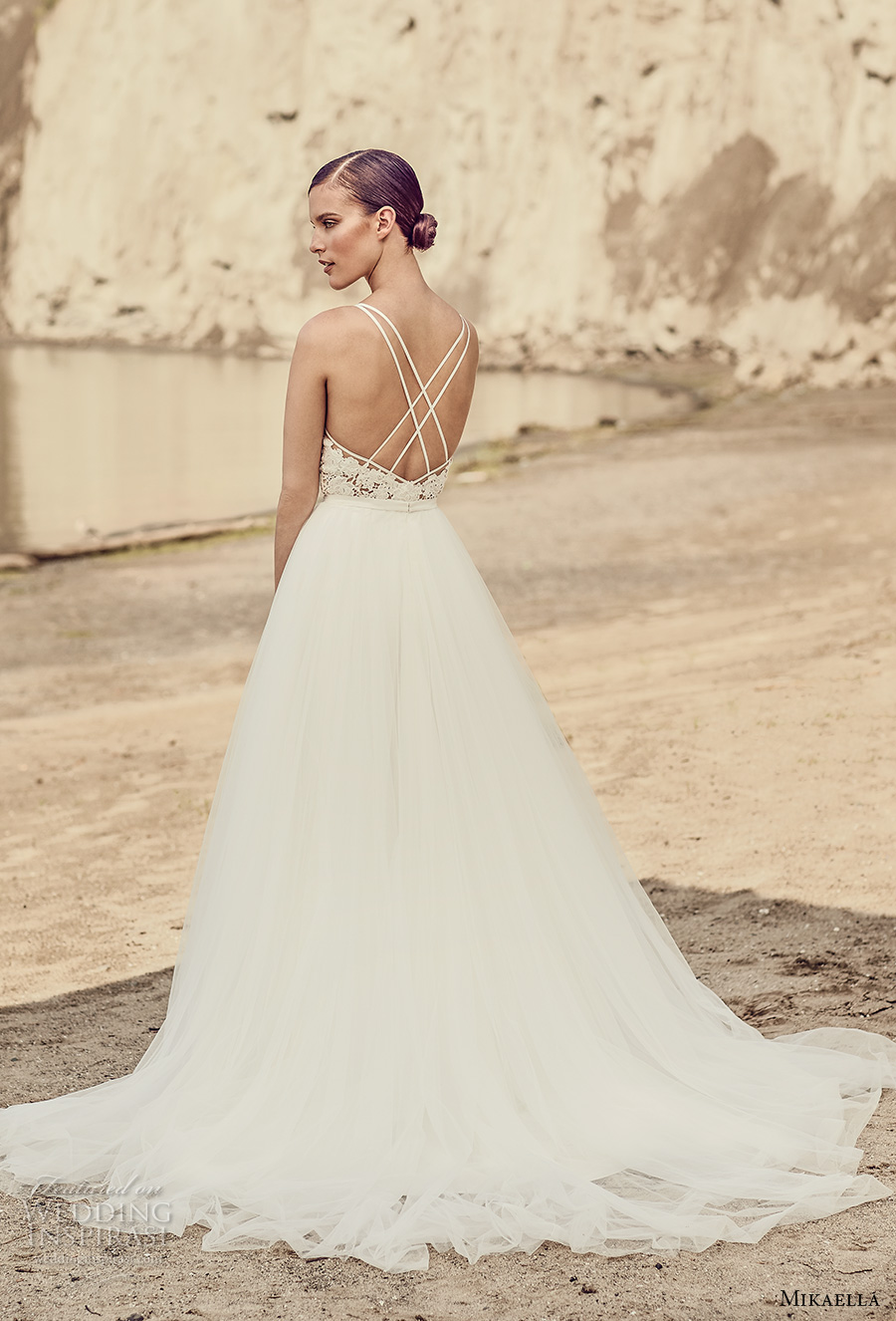 mikaella spring 2017 bridal sleeveless v neck heavily embroidered bodice romantic a  line wedding dress cross strap back chapel train (2106) bv