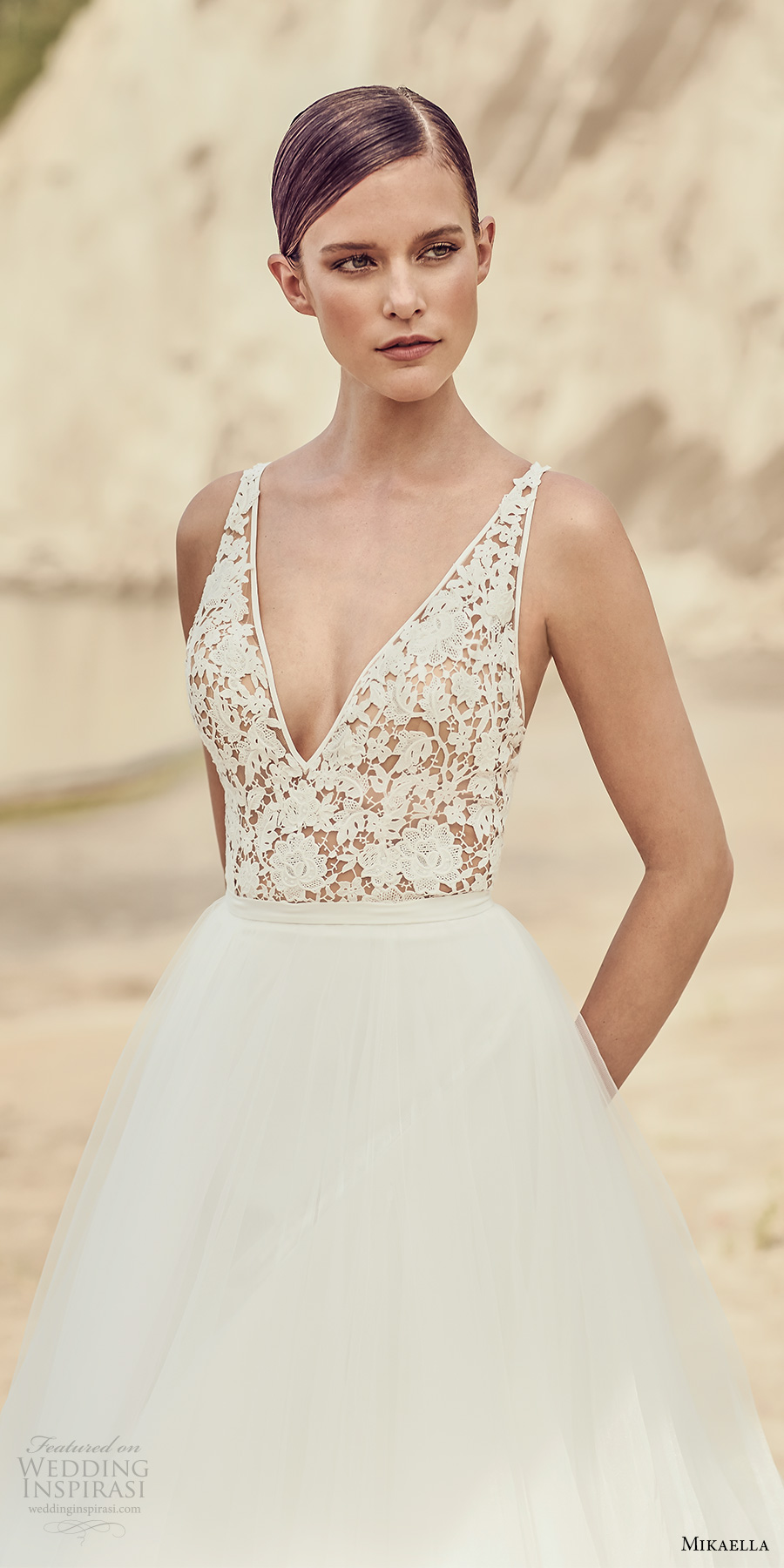 mikaella spring 2017 bridal sleeveless v neck heavily embroidered bodice romantic a  line wedding dress cross strap back chapel train (2106) zv