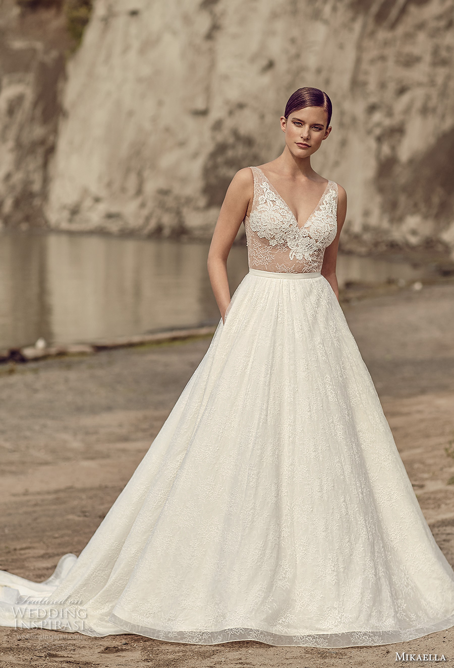 mikaella spring 2017 bridal sleeveless v neck heavily embroidered bodice romantic a  line wedding dress with pockets open low back royal train (2114) mv