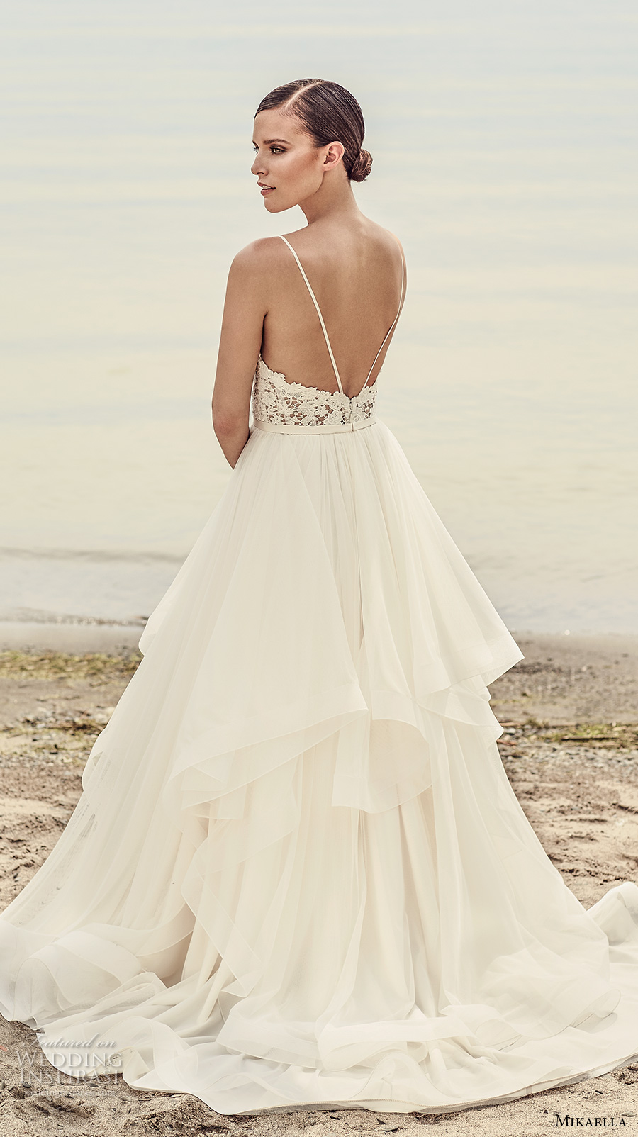 mikaella spring 2017 bridal spagetti strap sweetheart neckline heavily embellished bodice layered skirt romantic a  line wedding dress open low back sweep train (2101) bv