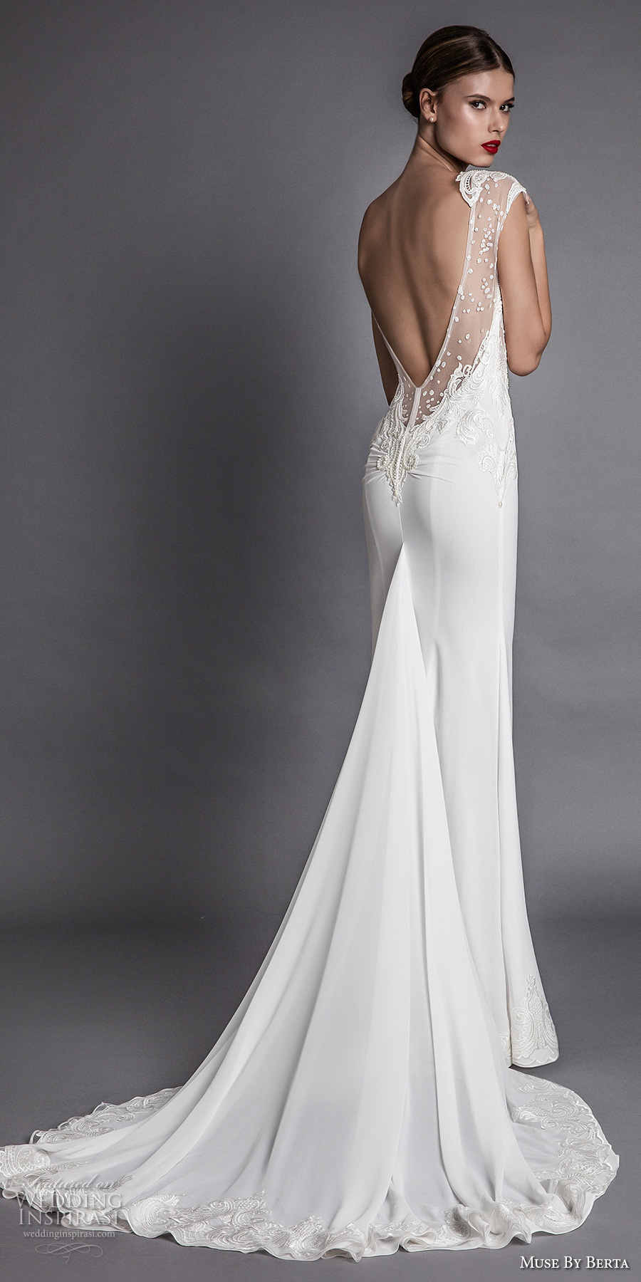 muse berta fall 2017 bridal cap sleeeves deep plunging v neckline heavily embroidered bodice elegant sexy sheath wedding dress open low back chapel train (aisha) bv