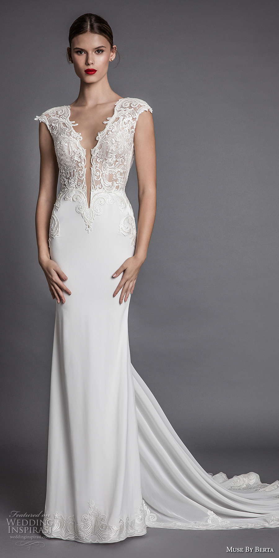 muse berta fall 2017 bridal cap sleeeves deep plunging v neckline heavily embroidered bodice elegant sexy sheath wedding dress open low back chapel train (aisha) mv