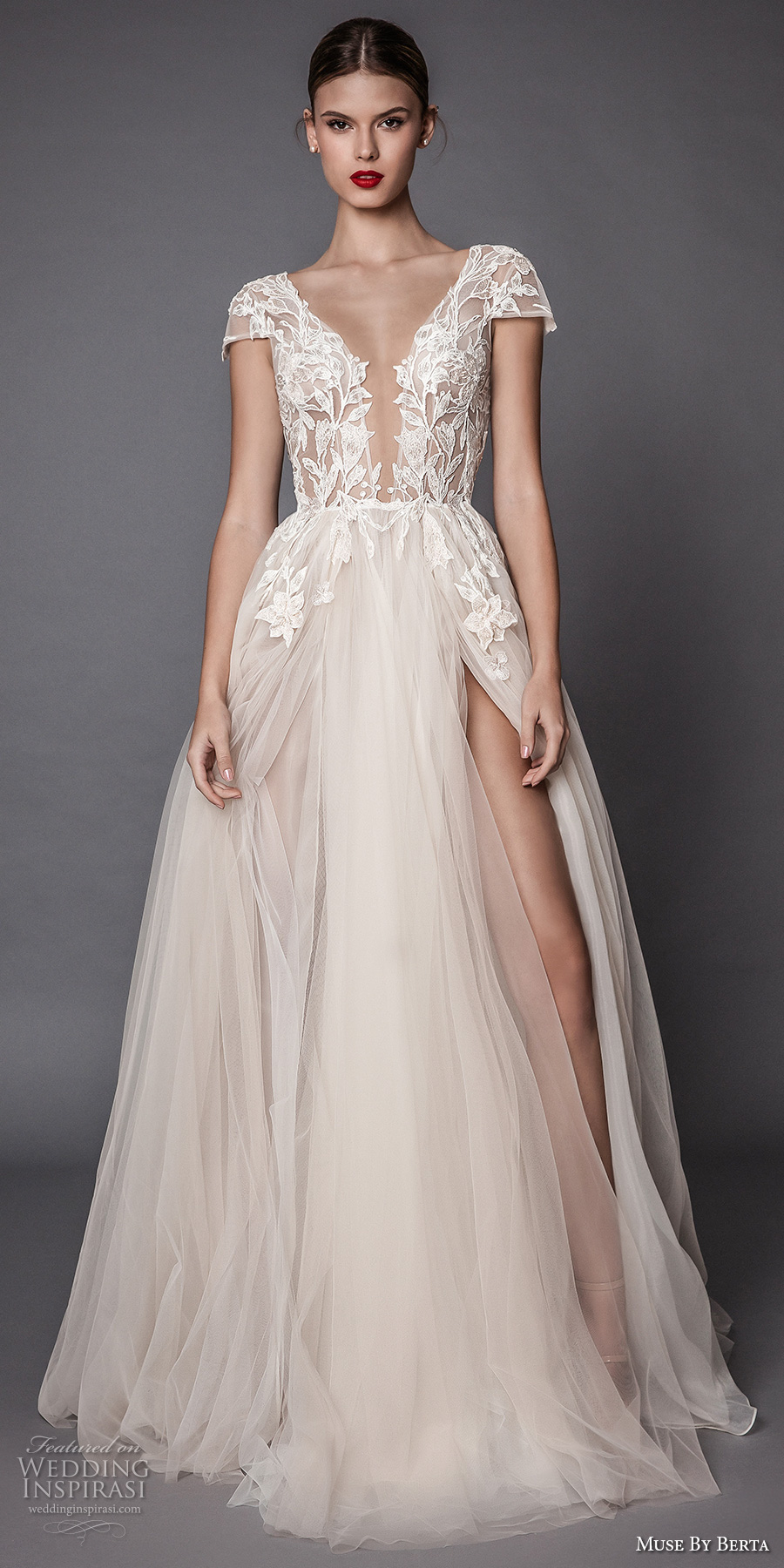 muse berta fall 2017 bridal cap sleeves deep plunging v neck heavily embellished bodice lace tulle skirt high side slit romantic sexy a  line wedding dress open low back sweep train (antonia) mv