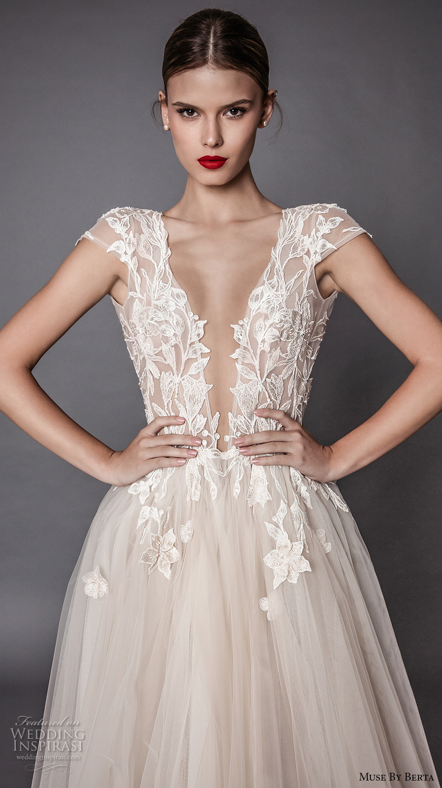 muse berta fall 2017 bridal cap sleeves deep plunging v neck heavily embellished bodice lace tulle skirt high side slit romantic sexy a  line wedding dress open low back sweep train (antonia) zv