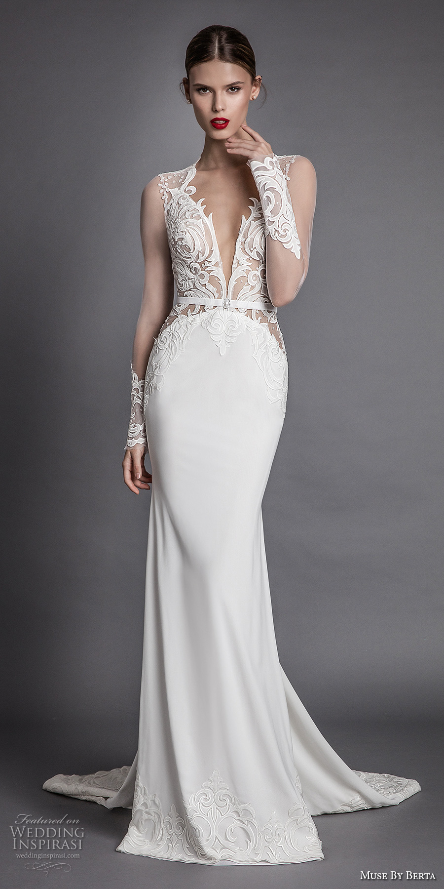 muse berta fall 2017 bridal long sheer sleeves queens anne neck deep plunging v neck heavily embroidered bodice elegant sexy sheath wedding dress keyhole back chapel train (alana) mv