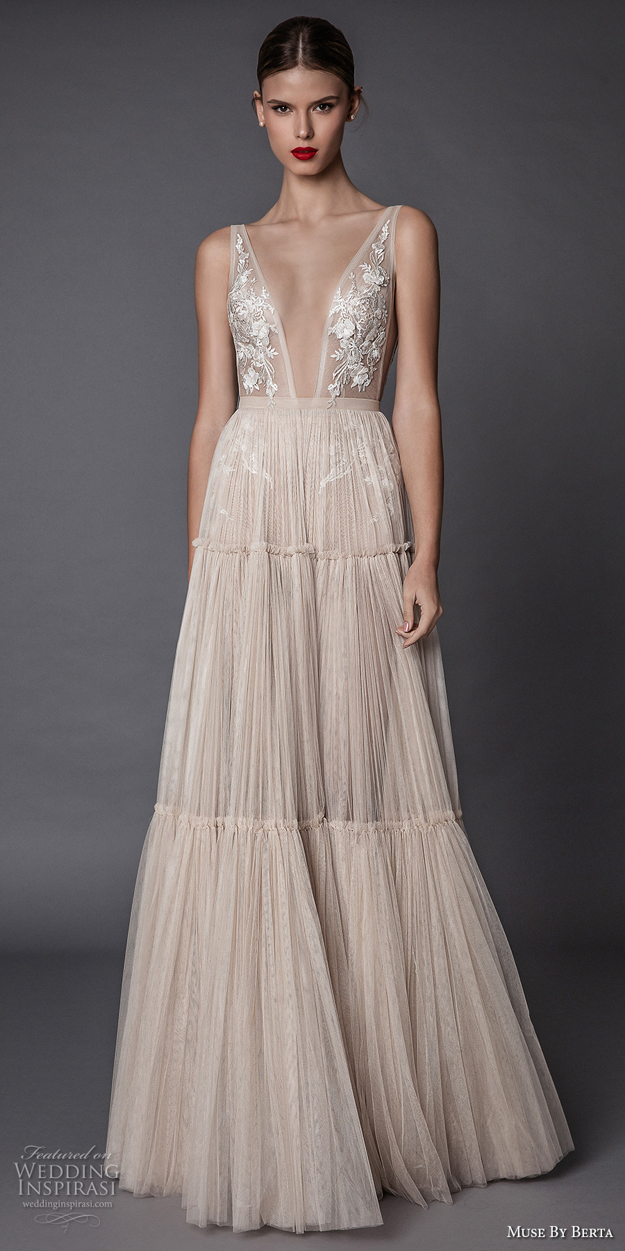 muse berta fall 2017 bridal sleeveless deep plunging v neck heavily embroidered bodice ivory color romantic sexy modified a  line wedding dress open low back sweep train (annabel) mv