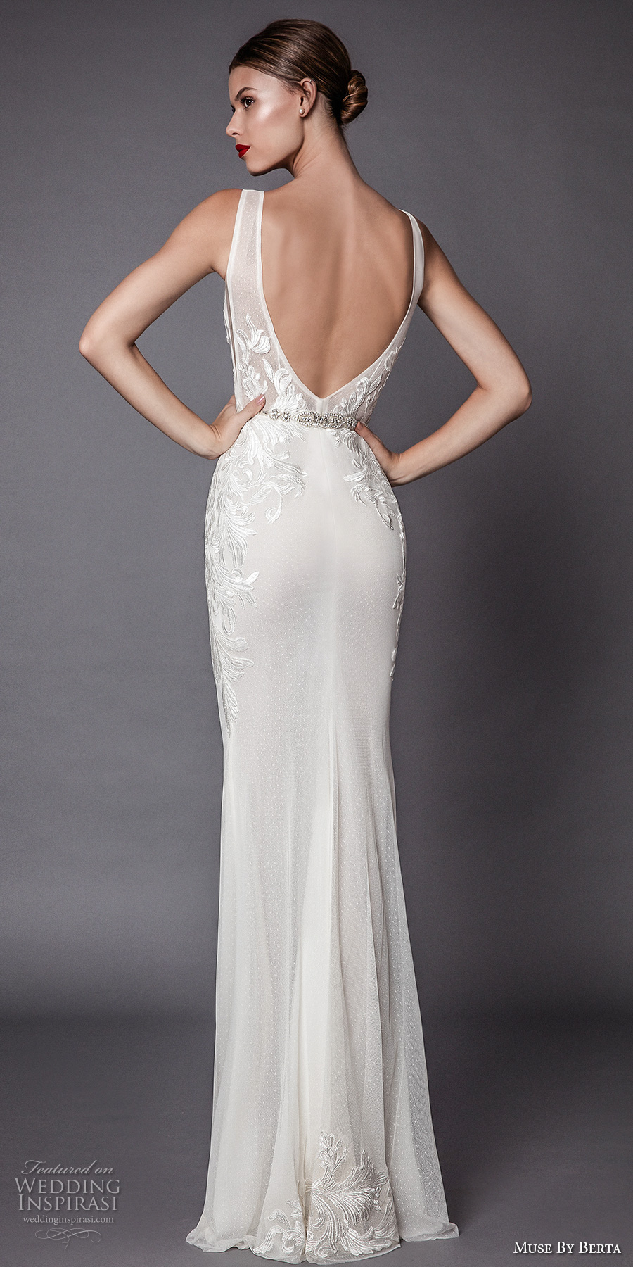 muse berta fall 2017 bridal sleeveless deep v neck heavily embellished bodice and trim elegant sexy sheath wedding dress open low back sweep train (amadis) bv