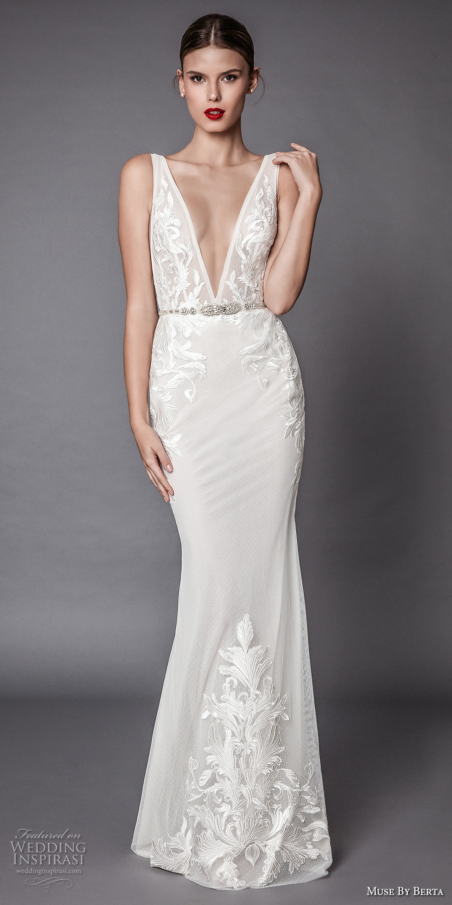 muse berta fall 2017 bridal sleeveless deep v neck heavily embellished bodice and trim elegant sexy sheath wedding dress open low back sweep train (amadis) mv