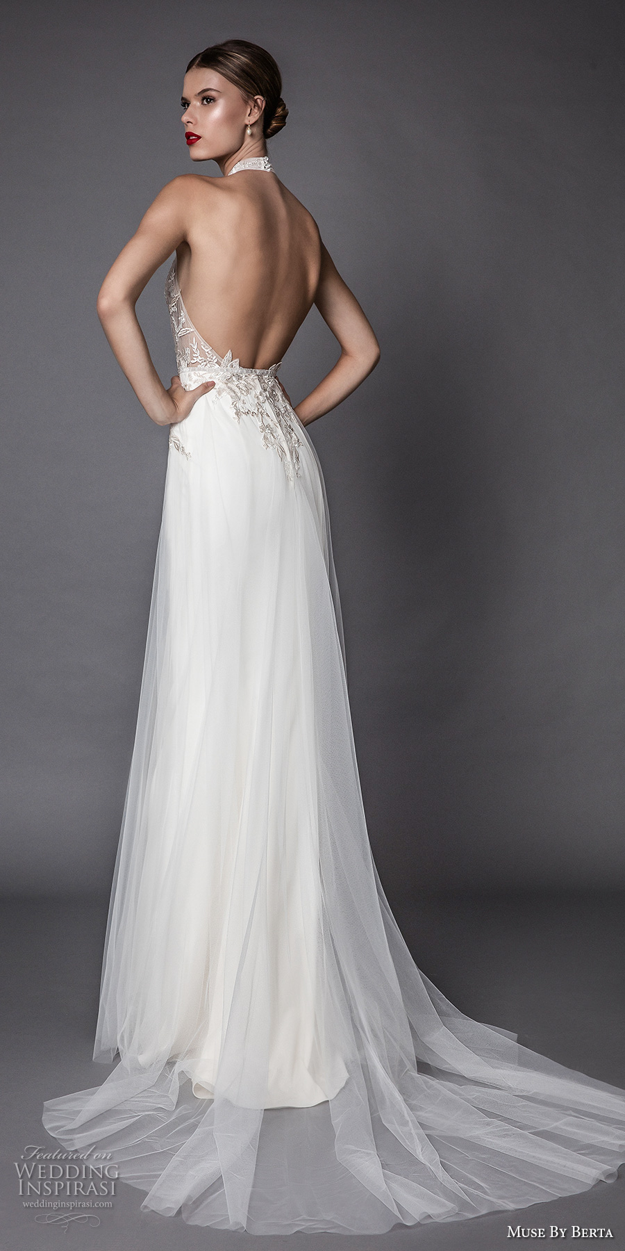 muse berta fall 2017 bridal sleeveless halter neck sheer heavily embroidered bodice elegant sexy modified a  line wedding dress open low back sweep train (armanda) bv