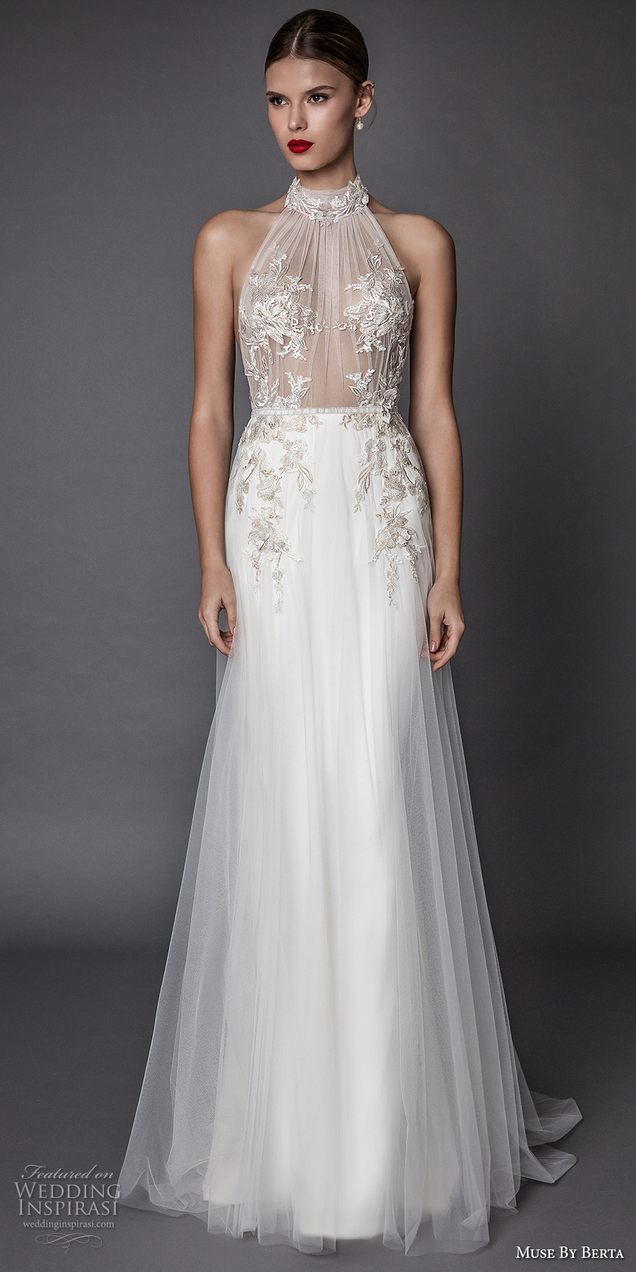 muse berta fall 2017 bridal sleeveless halter neck sheer heavily embroidered bodice elegant sexy modified a  line wedding dress open low back sweep train (armanda) mv