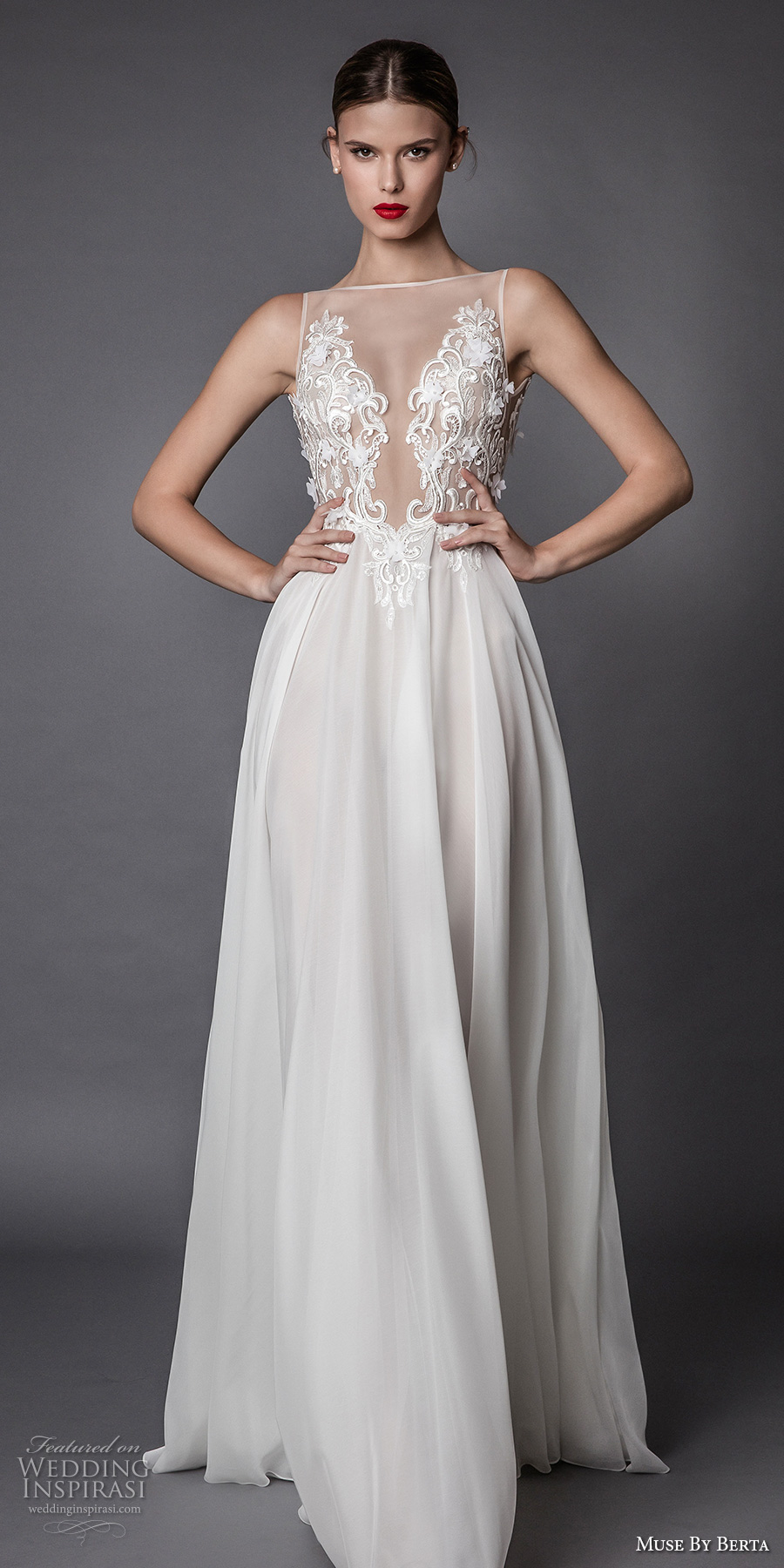 muse berta fall 2017 bridal sleeveless illusion bateau heavily embroidered bodice sexy romantic modified a  line wedding dress open low back sweep train (alama) mv