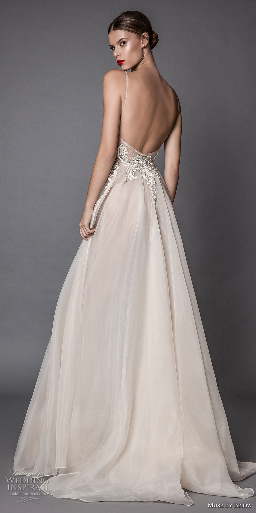 muse berta fall 2017 bridal spagetti strap deep sweetheart neckline heavily embroidered bodice tulle skirt romantic sexy blush flowy a  line wedding dress open low back sweep train (amata) bv