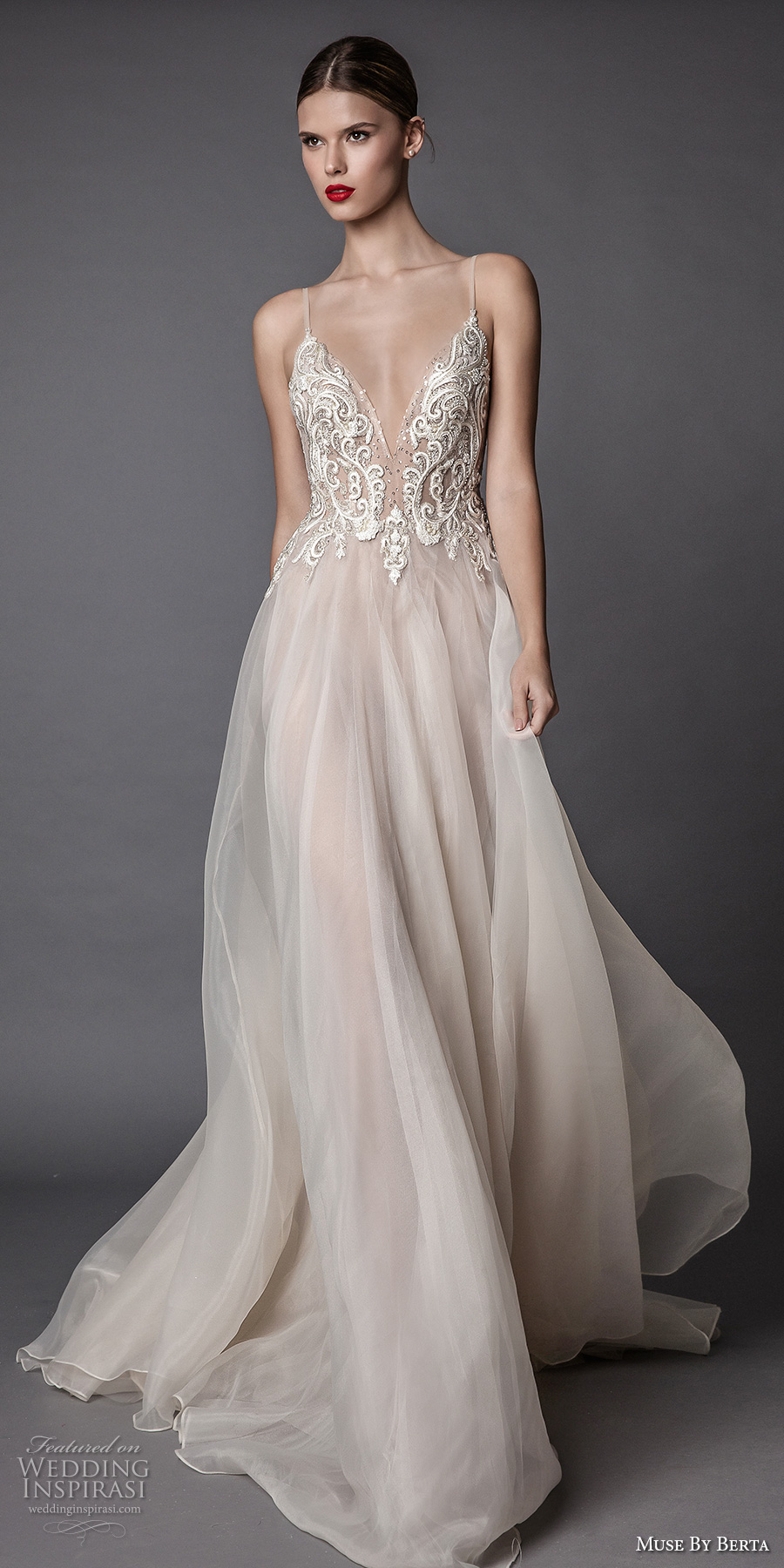 muse berta fall 2017 bridal spagetti strap deep sweetheart neckline heavily embroidered bodice tulle skirt romantic sexy blush flowy a  line wedding dress open low back sweep train (amata) mv