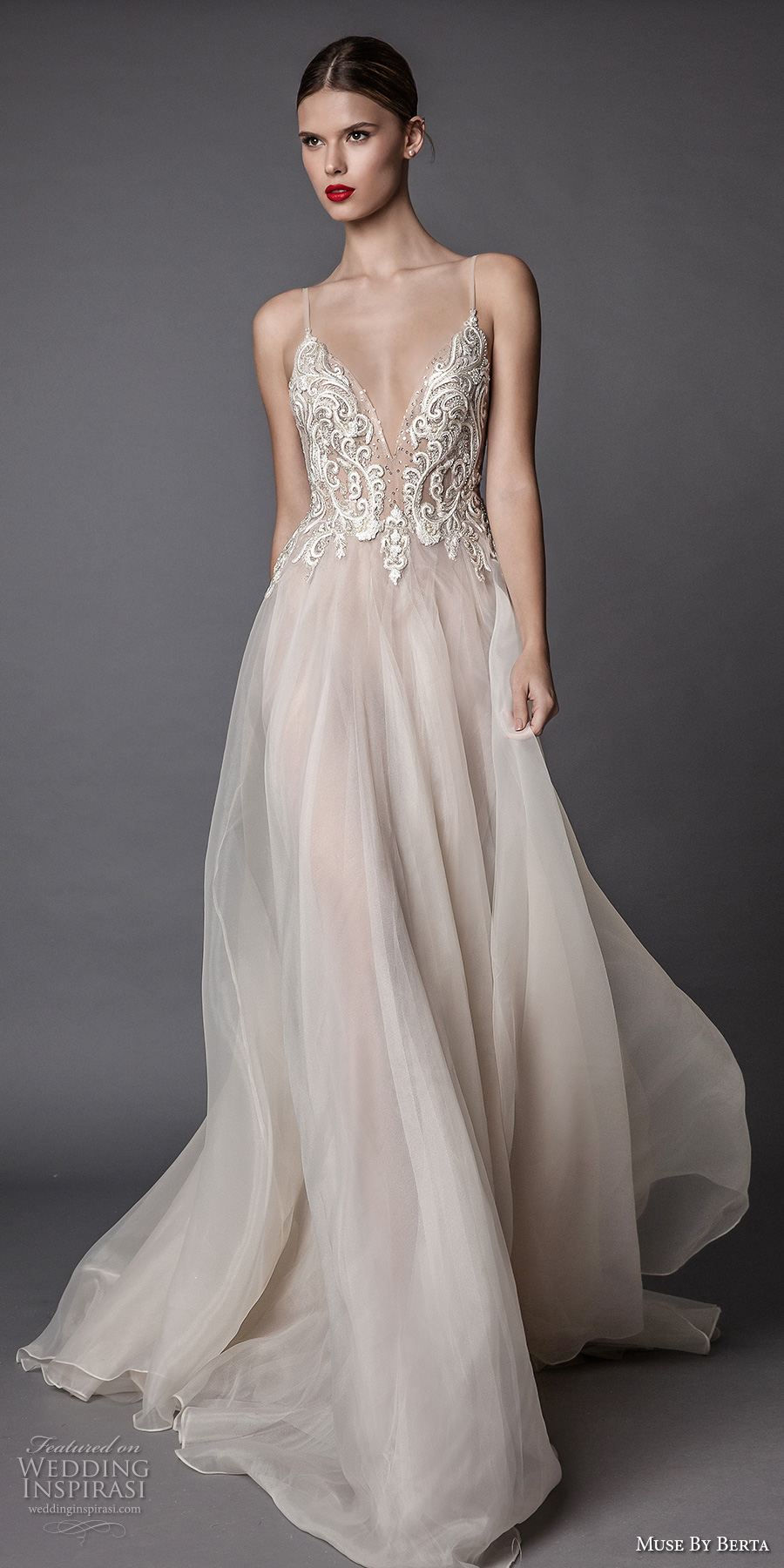 muse berta fall 2017 bridal spagetti strap deep sweetheart neckline heavily embroidered bodice tulle skirt romantic sexy blush flowy a line wedding dress open low back sweep train (amata) mv muse berta fall 2017 bridal spagetti strap deep sweetheart neckline heavily embroidered bodice tulle skirt romantic sexy blush flowy a line wedding dress open low back sweep train (amata) mv
