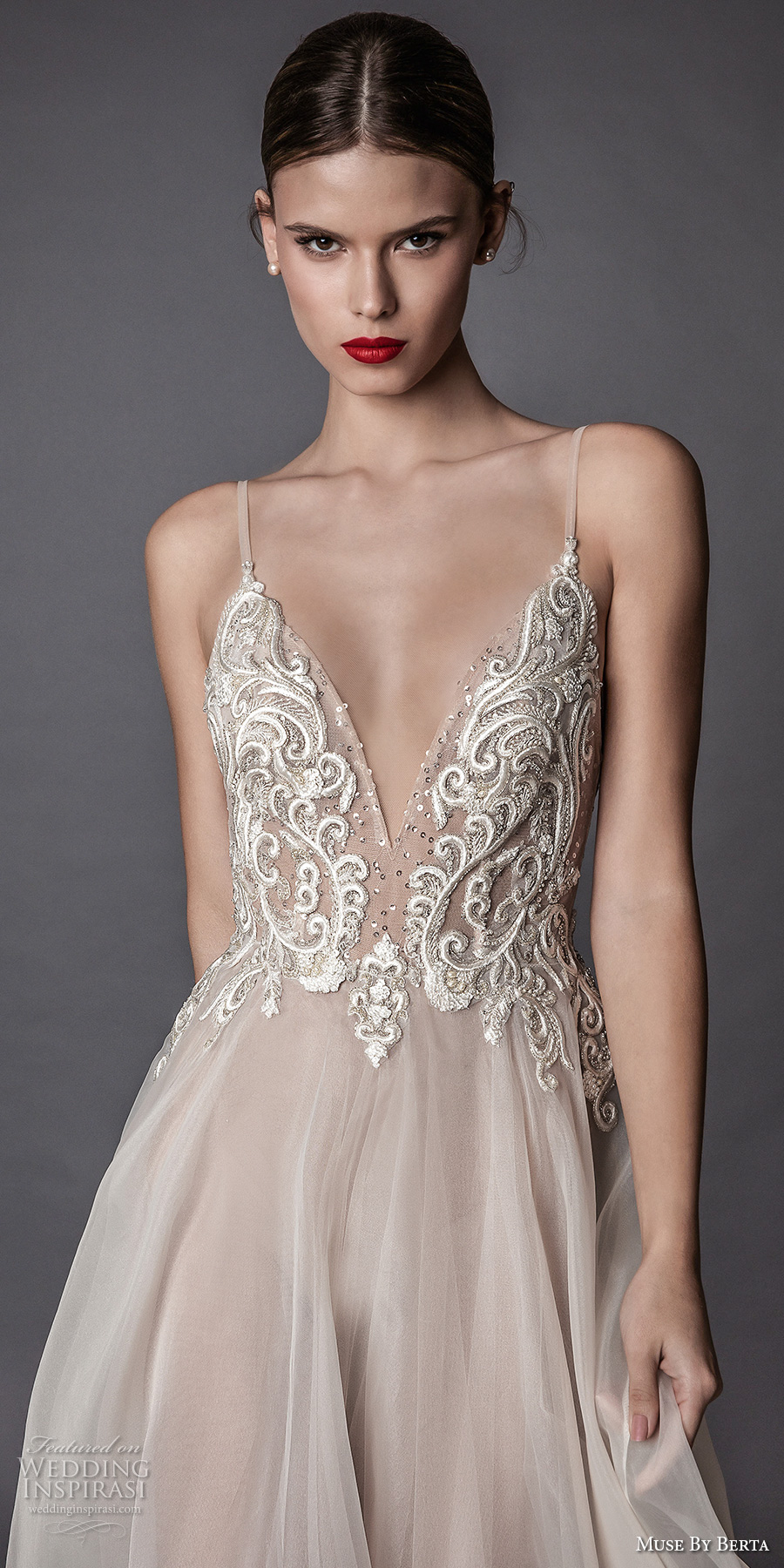 muse berta fall 2017 bridal spagetti strap deep sweetheart neckline heavily embroidered bodice tulle skirt romantic sexy blush flowy a  line wedding dress open low back sweep train (amata) zv