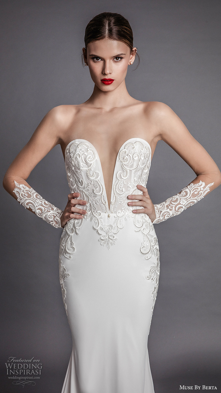 muse berta fall 2017 bridal strapless deep plunging sweetheart neckline heavily embroidered bodice elegant sexy sheath wedding dress open low back chapel train (alecia) zv