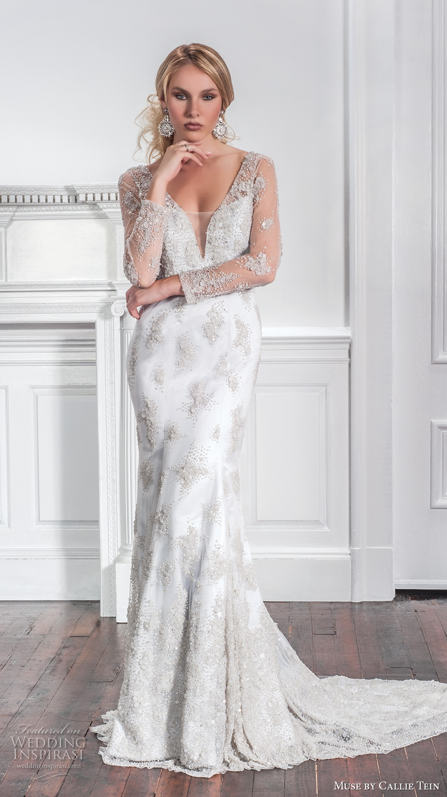 muse by callie tein fall 2017 bridal long sleeves deep plunging v neck full embellishment glitter beaded elegant sexy sheath fit flare wedding dress low back chapel train (luna) mv