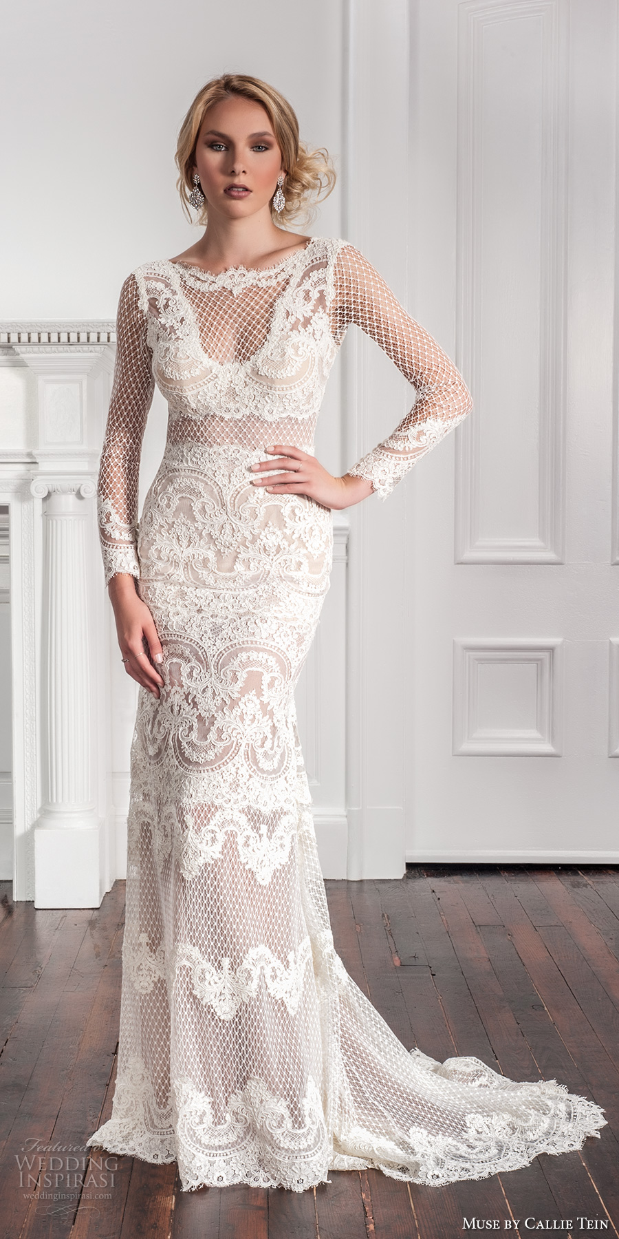 muse by callie tein fall 2017 bridal long sleeves illusion jewel v neckline full embroidered elegant sexy lace sheath wedding dress chapel train (roux) mv