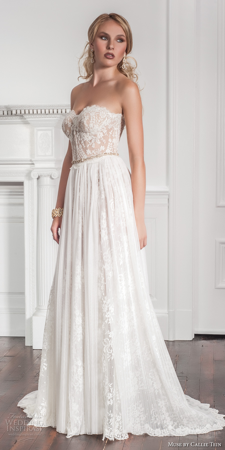 muse by callie tein fall 2017 bridal strapless sweetheart neckline heavily embroidered bodice bustier romantic pretty modified a  line wedding dress sweep train (garland) mv