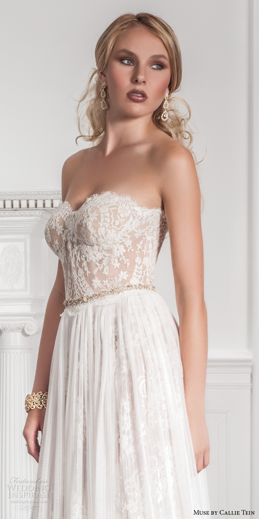 muse by callie tein fall 2017 bridal strapless sweetheart neckline heavily embroidered bodice bustier romantic pretty modified a  line wedding dress sweep train (garland) zv