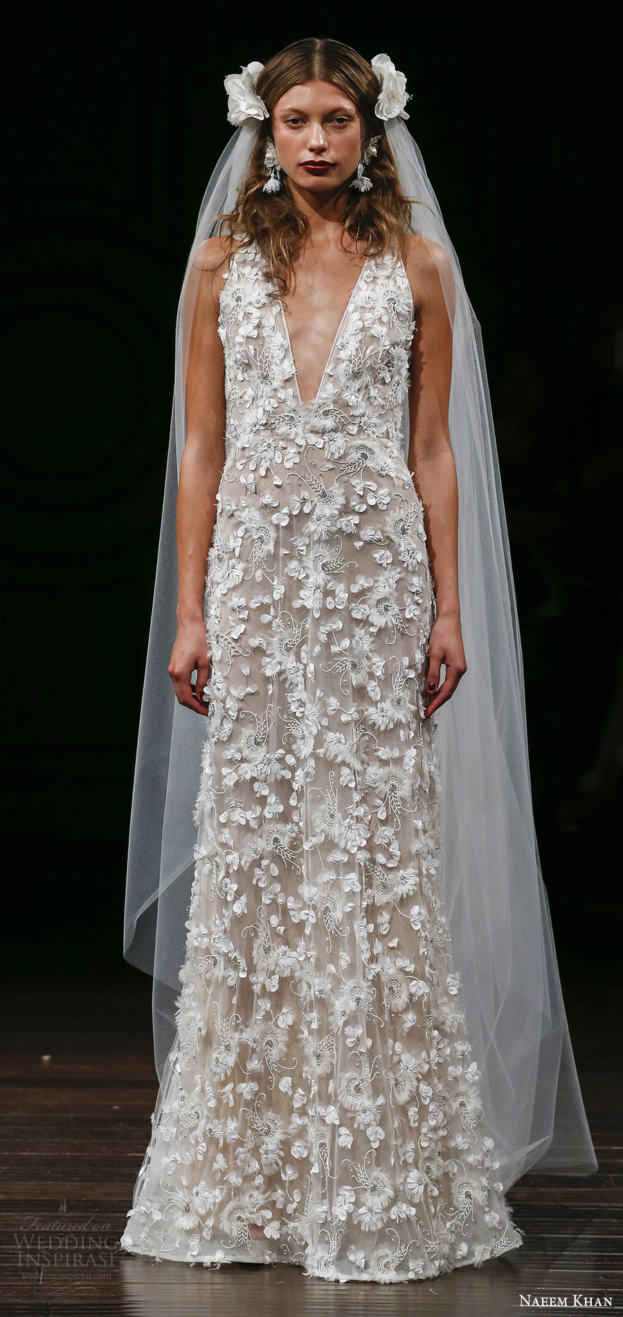 naeem khan fall 2017 (fez) sleeveless straps deep vneck floral embroidery trumpet wedding dress mv