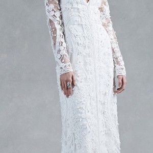 oscar de la renta fall 2017 long sleeves deep v neck embroidered coat column sheath wedding dress (halle) mv