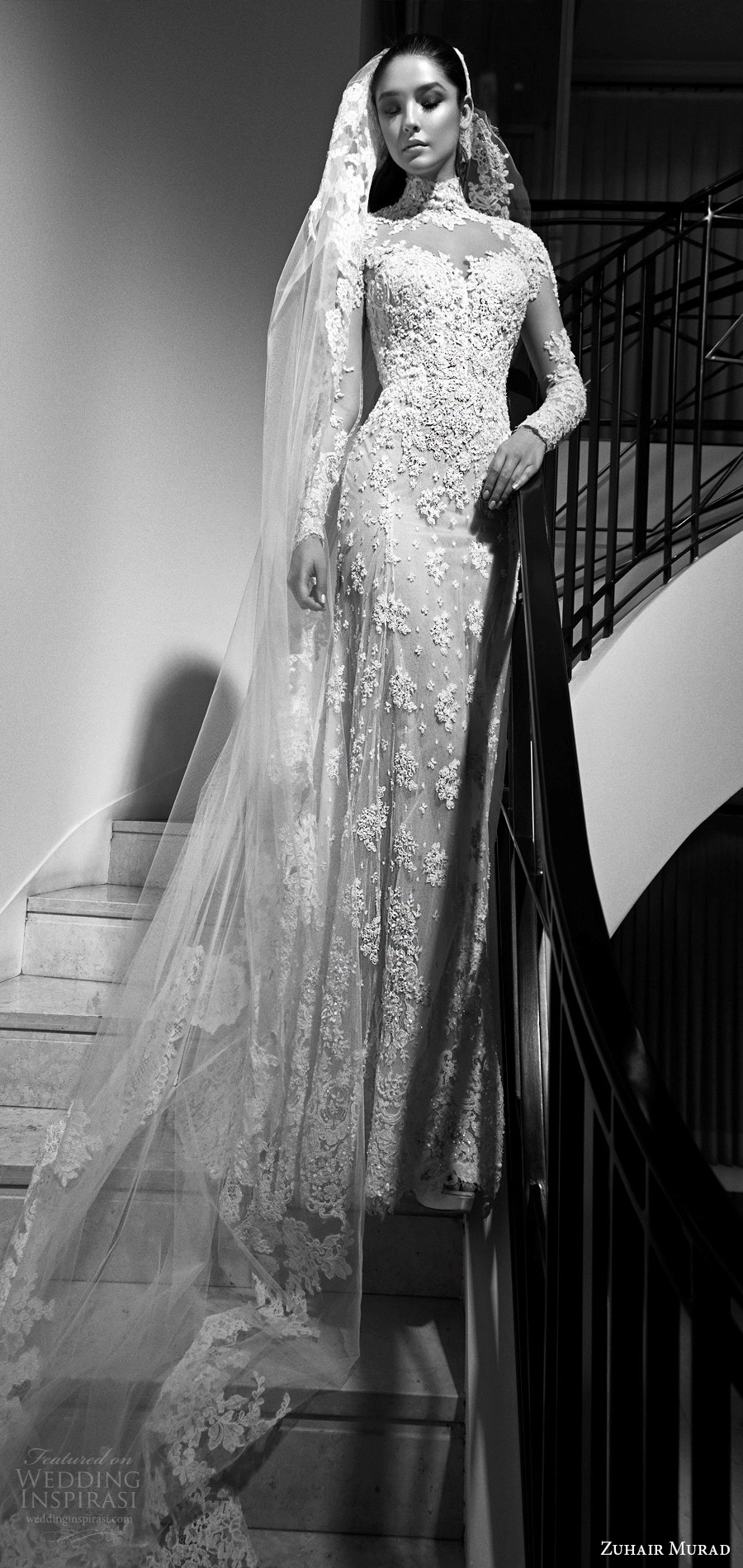 zuhair murad fall 2017 bridal (vanina) high neck illusion long sleeves trumpet lace wedding dress mv elegant