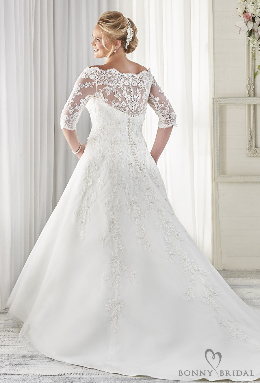 bonny bridal 2017 half sleeves off the shoulder sweetheart neckline heavily embellished bodice plus size a  line wedding dress covered lace back chapel train (1614) bv