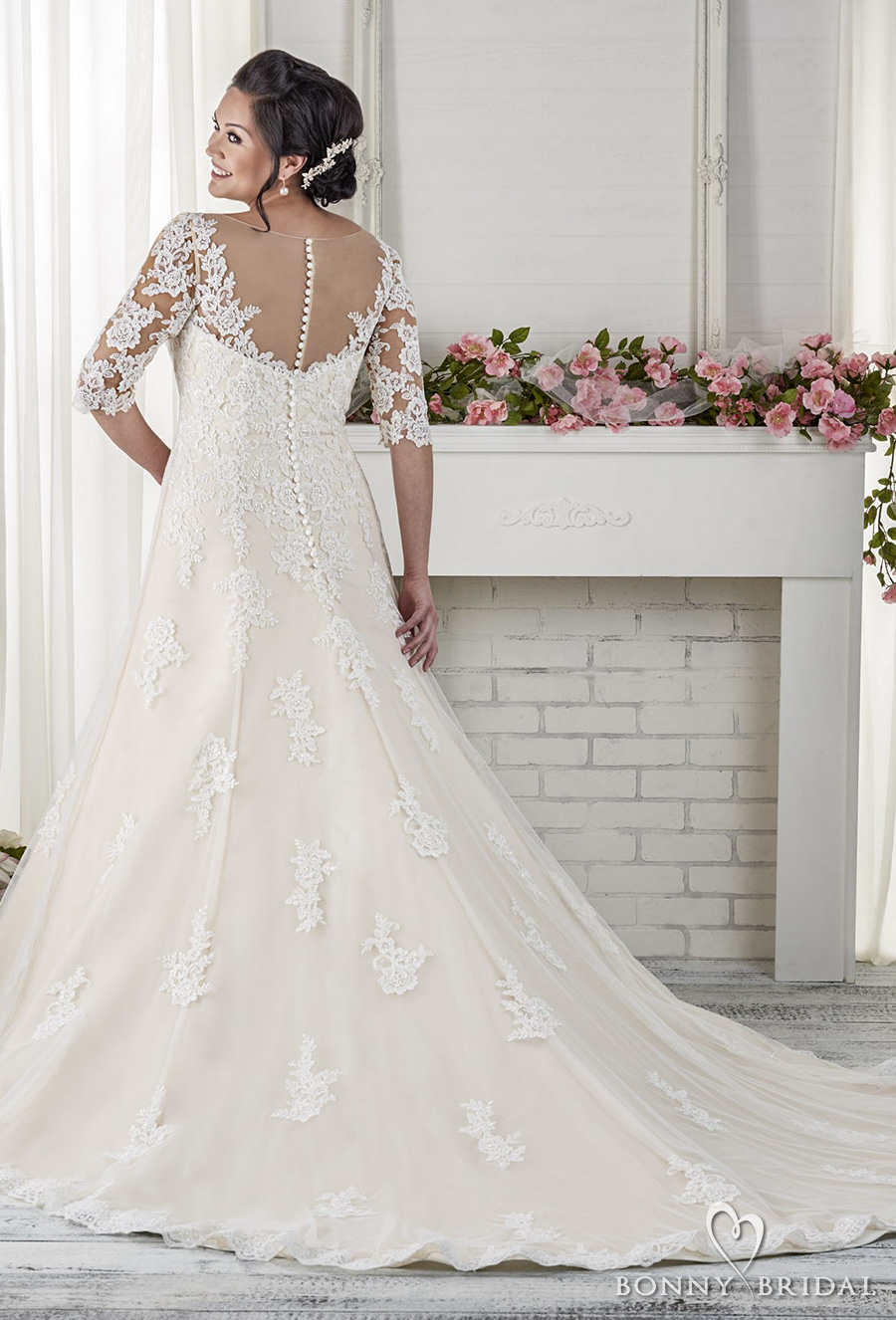 bonny bridal 2017 half sleeves sweetheart neckline heavily embellished bodice plus size drop waist modified a  line wedding dress chapel train (1618) bv